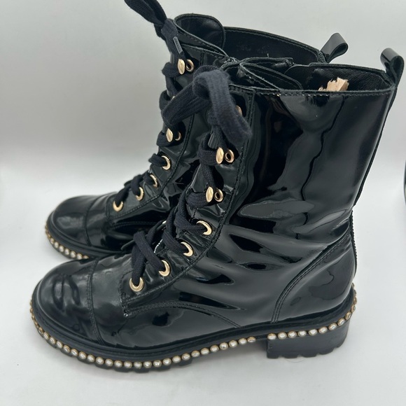 Schutz “Andorra” Black Patent Leather Laced Up Combat Boots W/ Rhinestones SZ 8 - Picture 7 of 14